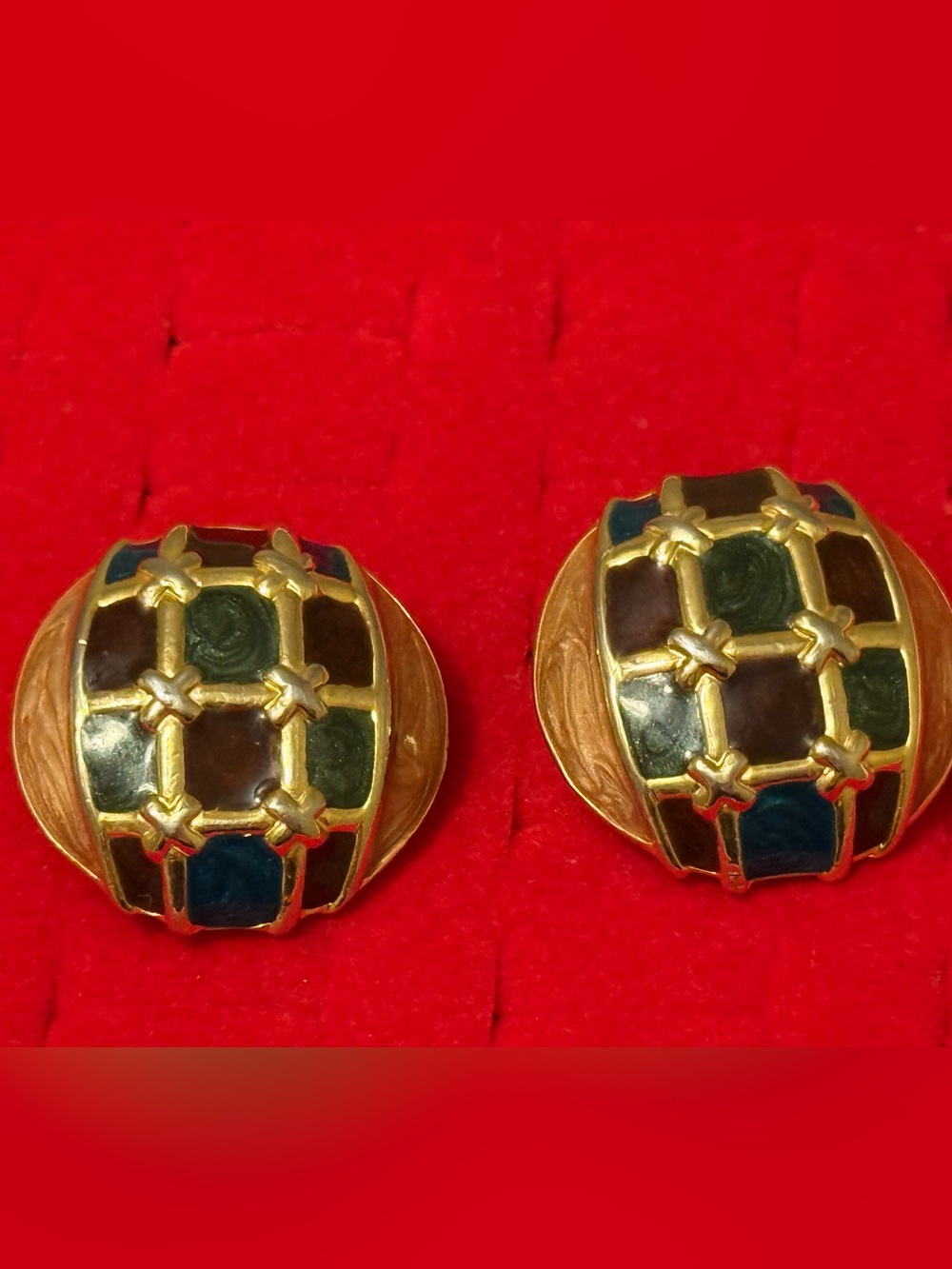 Vintage Gold-Tone Multi-Color Enamel Dome Clip Earrings